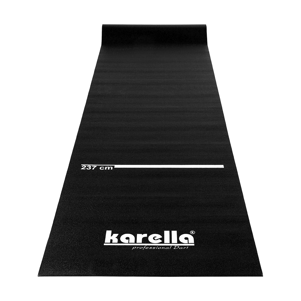Die Abbildung zeigt die Karella Dartmatte Eco-Star. Die Matte ist schwarz und besitzt eine Markierung bei 237 cm sowie ein großes Karella-Logo.